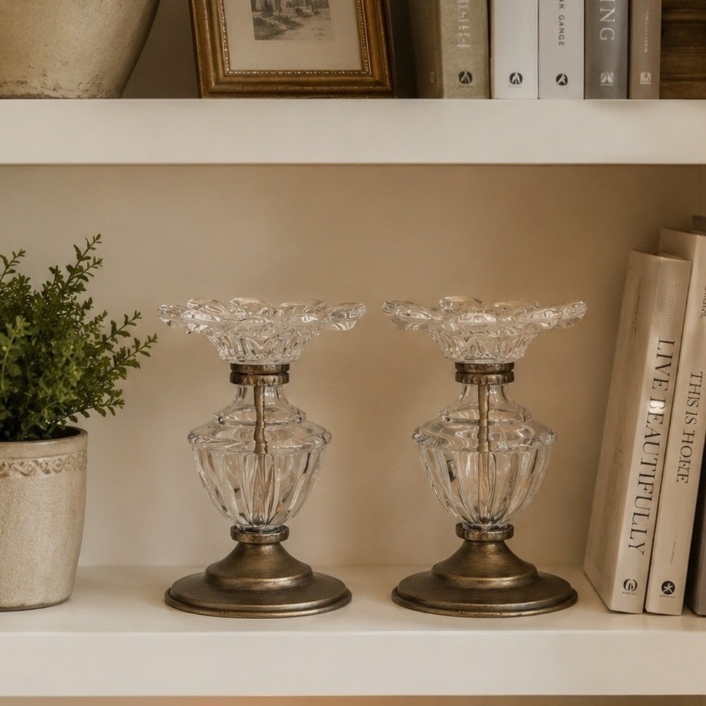 VTG Style Glass and Brass Pillar Candle Holders Set of 2 Fluted cottagecore boho